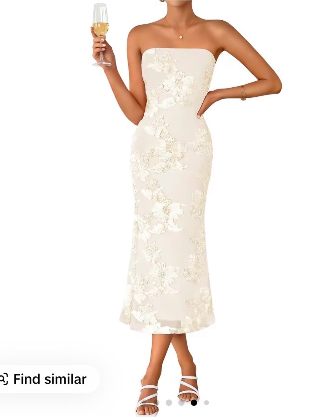 Strapless Ivory Floral Appliqué Midi Dress